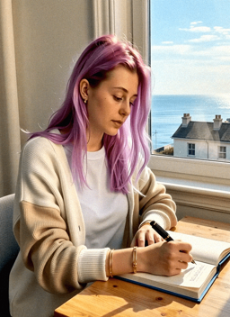 Emma-Jane MacKinnon-Lee writing in afternoon journals on a sunlit desk