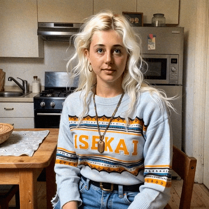 Emma-Jane MacKinnon-Lee, isekai knitted sweater from F3Manifesto