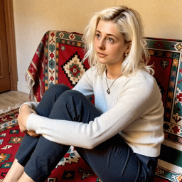 Emma-Jane MacKinnon-Lee sitting on patterned Persian rugs
